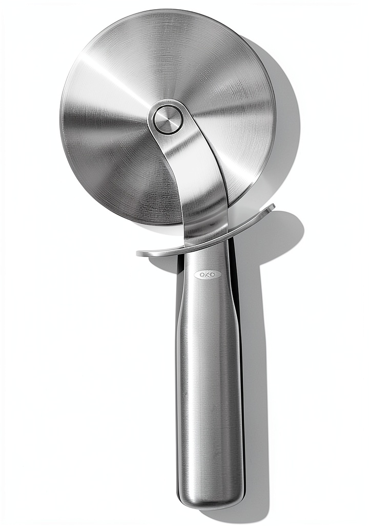 OXO Pizza Cutter with stainless steel wheel on a cutting board
