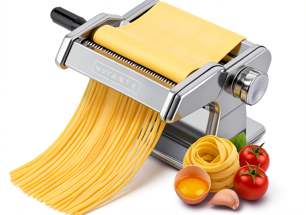 Nuvantee pasta maker on a kitchen counter with dough and pasta noodles