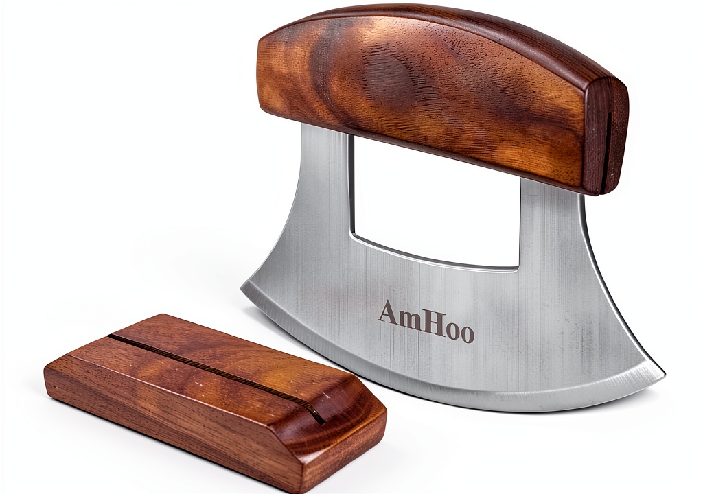 AmHoo pizza cutter with stainless steel blade and wood handle on a cutting board