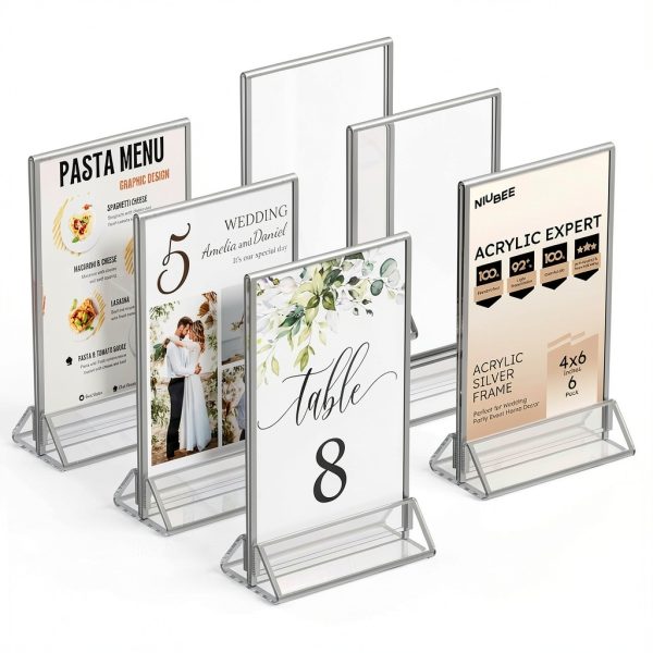 NIUBEE 6Pack 4x6 Clear Acrylic Sign Holder with Silver Borders and Vertical Stand, Double Sided Table Menu Holders Picture Frames for Wedding Table Numbers, Restaurant Signs, Photos and Art Display-0