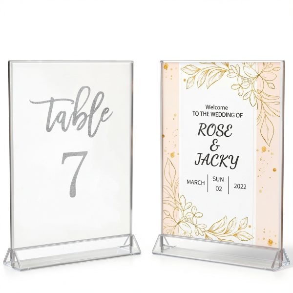 NIUBEE 6Pack 4x6 Clear Acrylic Sign Holder with Silver Borders and Vertical Stand, Double Sided Table Menu Holders Picture Frames for Wedding Table Numbers, Restaurant Signs, Photos and Art Display-5