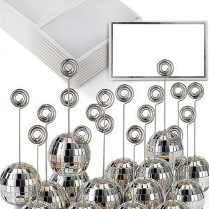 60 Pcs Disco Ball Table Number Holders, Silver Place Card Holders with Swirl Wire, Name Cards Photo Stand, Disco Ball Centerpiece Decor for Display Menu Wedding Party Birthday (2 Inch)-0