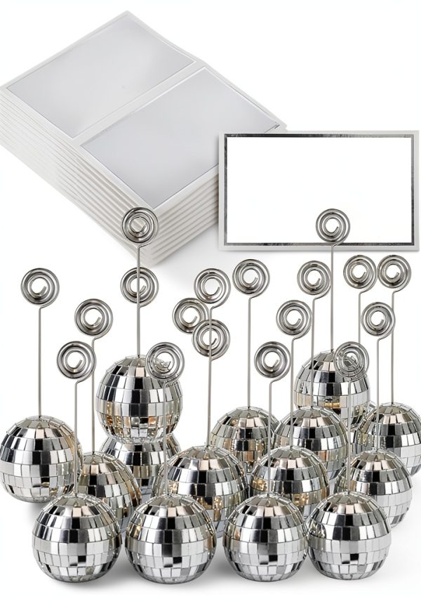 60 Pcs Disco Ball Table Number Holders, Silver Place Card Holders with Swirl Wire, Name Cards Photo Stand, Disco Ball Centerpiece Decor for Display Menu Wedding Party Birthday (2 Inch)-0
