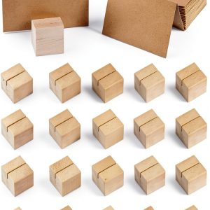 Wood Place Card Holders 20pcs Table Number Stands with Brown Cards-0