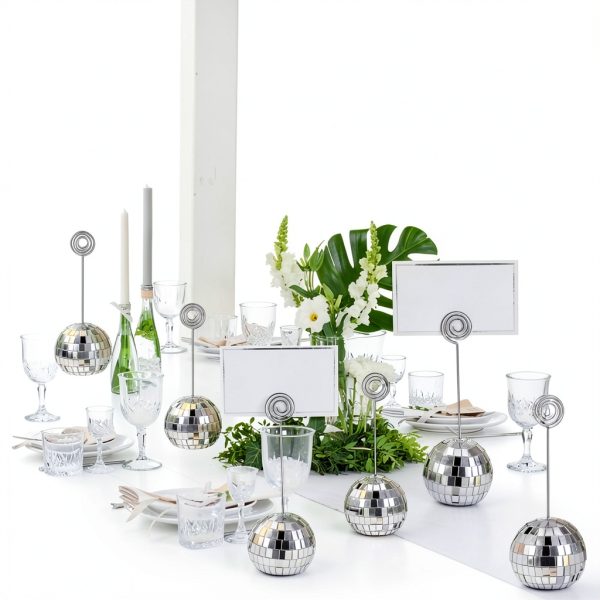60 Pcs Disco Ball Table Number Holders, Silver Place Card Holders with Swirl Wire, Name Cards Photo Stand, Disco Ball Centerpiece Decor for Display Menu Wedding Party Birthday (2 Inch)-5
