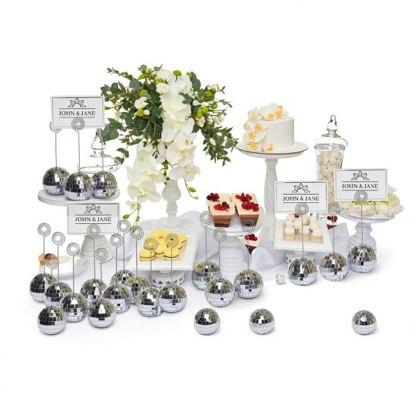 60 Pcs Disco Ball Table Number Holders, Silver Place Card Holders with Swirl Wire, Name Cards Photo Stand, Disco Ball Centerpiece Decor for Display Menu Wedding Party Birthday (2 Inch)-6