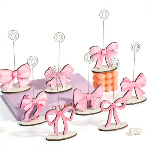 8 Pcs Pink Bow Place Cards Coquette Bow Reserved Seating Signs Table Number Holders Metal Wire Memo Clips Stands Bow Party Decorations for Wedding Bow Party Birthday Baby Shower Office-3