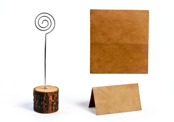 Wood Place Card Holders 20pcs Rustic Stands + 30 Kraft Cards –-1