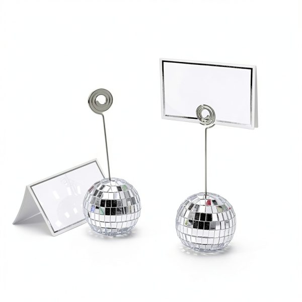 60 Pcs Disco Ball Table Number Holders, Silver Place Card Holders with Swirl Wire, Name Cards Photo Stand, Disco Ball Centerpiece Decor for Display Menu Wedding Party Birthday (2 Inch)-2