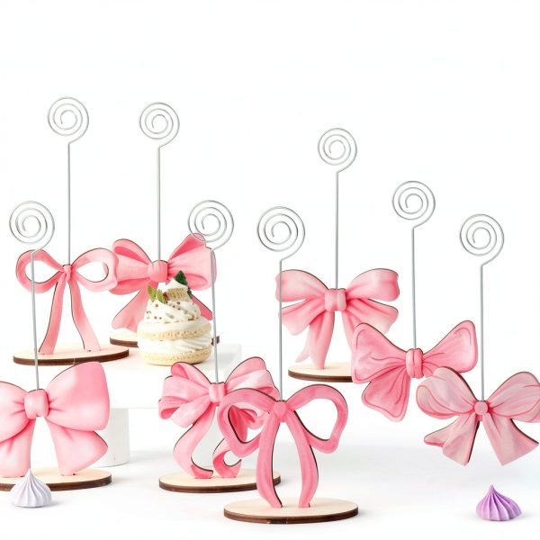8 Pcs Pink Bow Place Cards Coquette Bow Reserved Seating Signs Table Number Holders Metal Wire Memo Clips Stands Bow Party Decorations for Wedding Bow Party Birthday Baby Shower Office-4