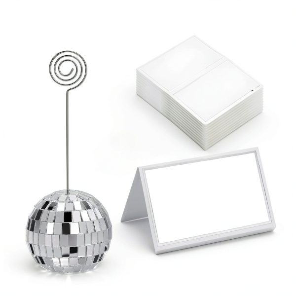 60 Pcs Disco Ball Table Number Holders, Silver Place Card Holders with Swirl Wire, Name Cards Photo Stand, Disco Ball Centerpiece Decor for Display Menu Wedding Party Birthday (2 Inch)-1