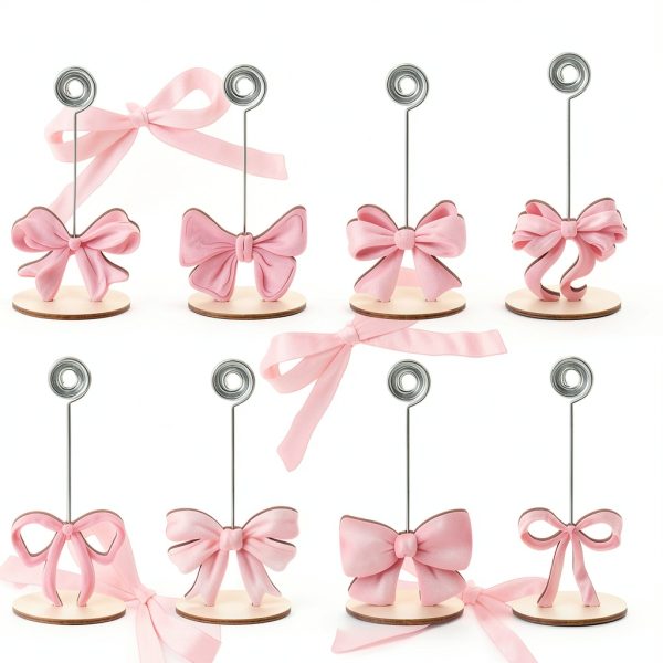 8 Pcs Pink Bow Place Cards Coquette Bow Reserved Seating Signs Table Number Holders Metal Wire Memo Clips Stands Bow Party Decorations for Wedding Bow Party Birthday Baby Shower Office-1