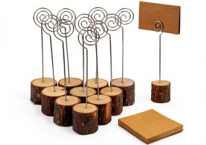 Wood Place Card Holders 20pcs Rustic Stands + 30 Kraft Cards –-0