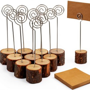 Wood Place Card Holders 20pcs Rustic Stands + 30 Kraft Cards –-0