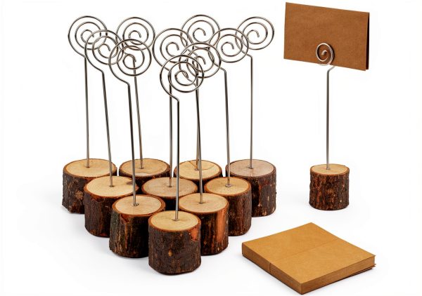 Wood Place Card Holders 20pcs Rustic Stands + 30 Kraft Cards –-0