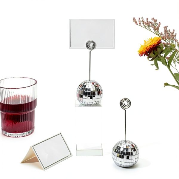 60 Pcs Disco Ball Table Number Holders, Silver Place Card Holders with Swirl Wire, Name Cards Photo Stand, Disco Ball Centerpiece Decor for Display Menu Wedding Party Birthday (2 Inch)-3